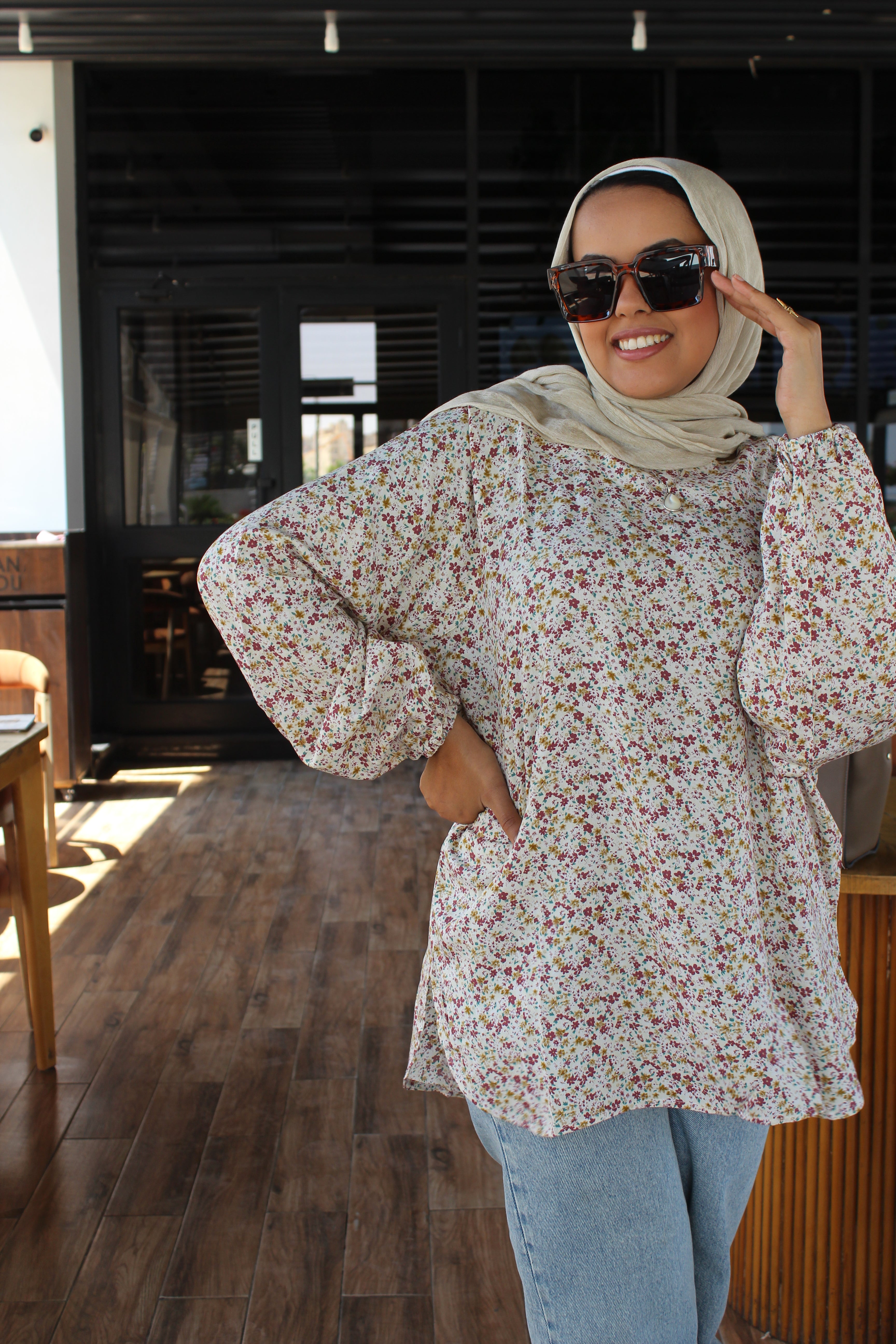 Floral Cotton Blouse - beige