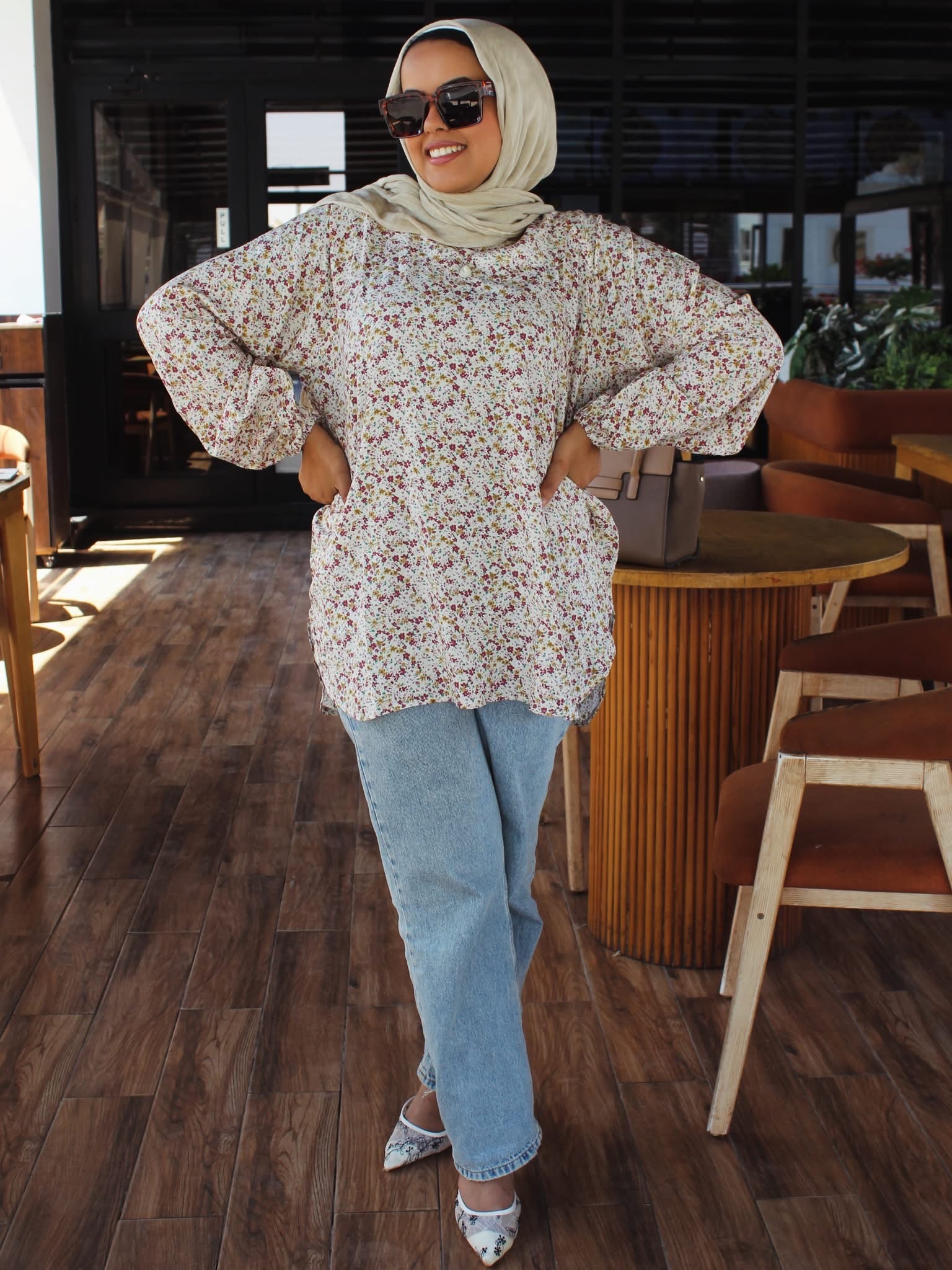 Floral Cotton Blouse - beige